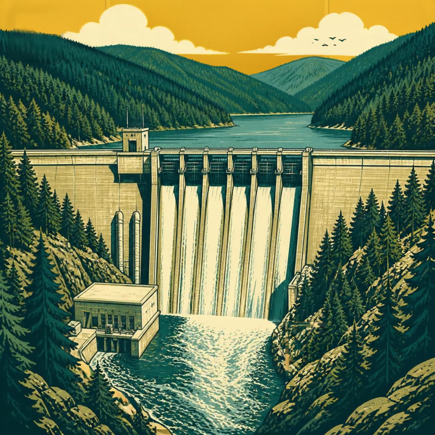 Illustration of Detroit Dam releasing water through its spillway gates into the North Santiam River canyon